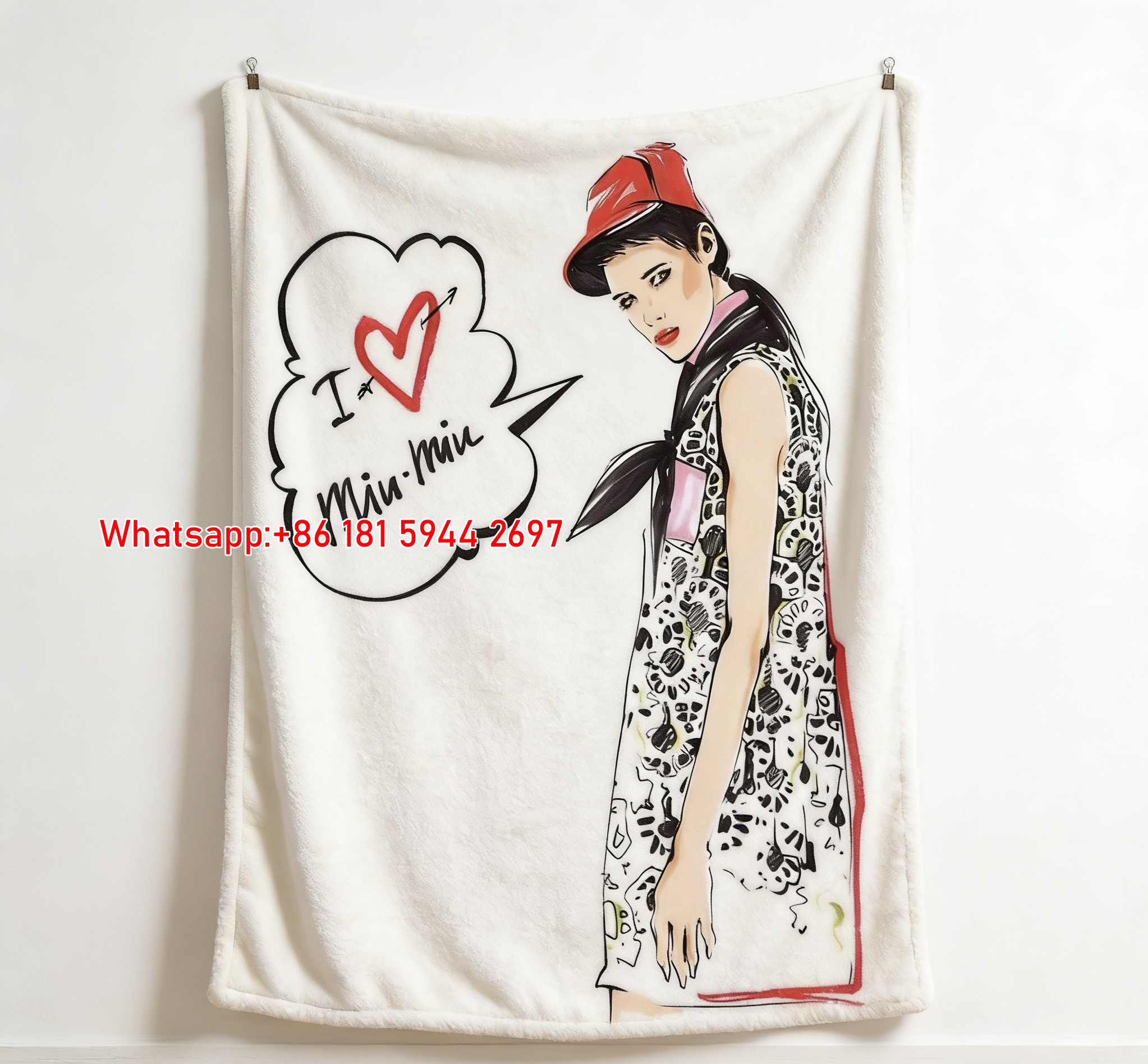 Miu Miu Red & White Fashion Girl Print Flannel Throw Blanket IMG_0589